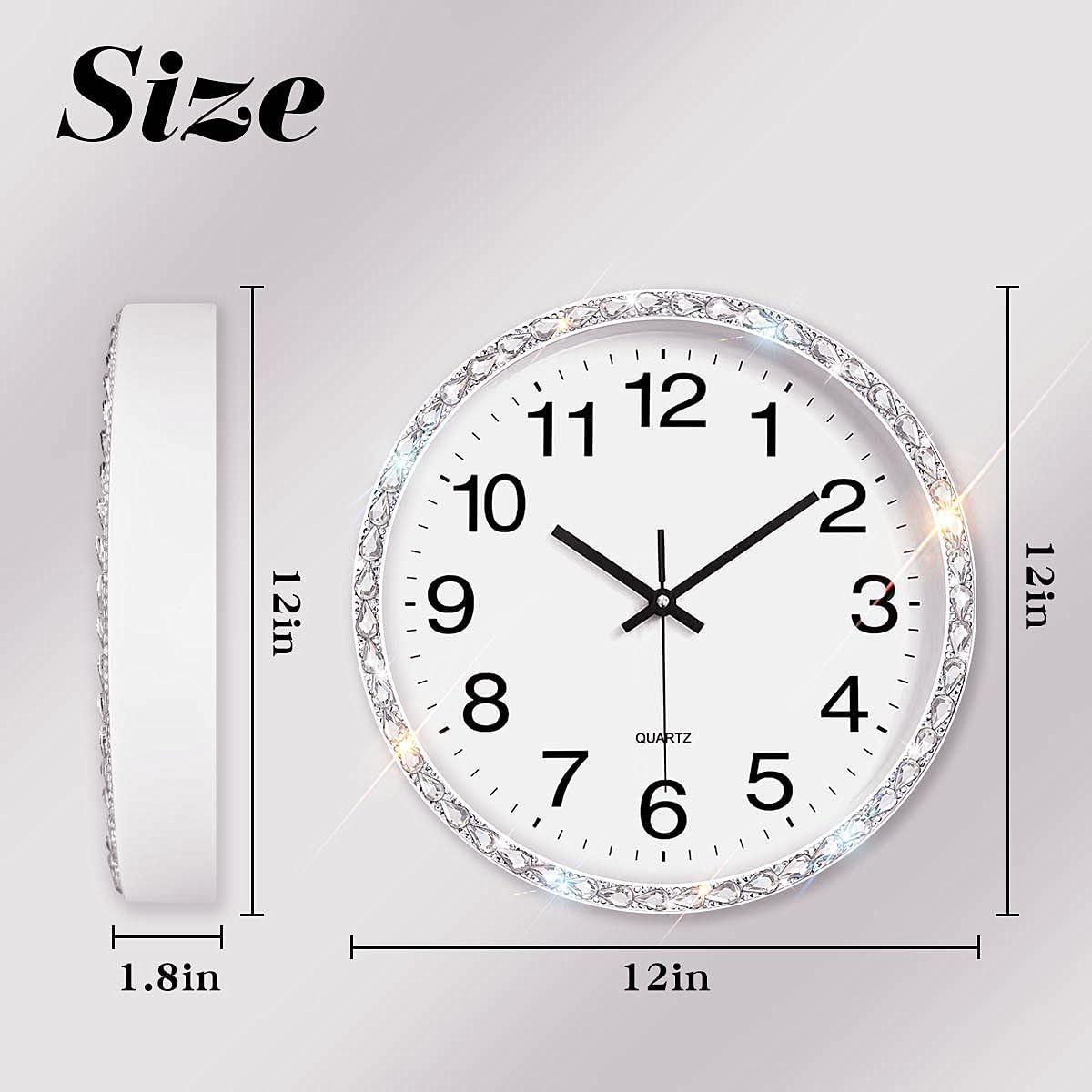 Bling Crystal Round Wall Clock for Wall Decoration,Design Glass Diamond Rhinestone Lace Clock Sparkle Home Decor. AA Battery is not Included. (White 12x12x2 inches)