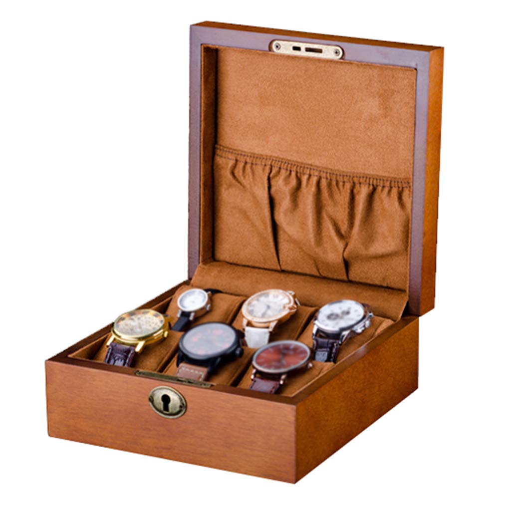 ANVLOJRIH 6 Slot Wood Watch Box Wood Soft Flocking Lining Interior with Metal Lock Display Jewelry Collection Storage Case Organizer