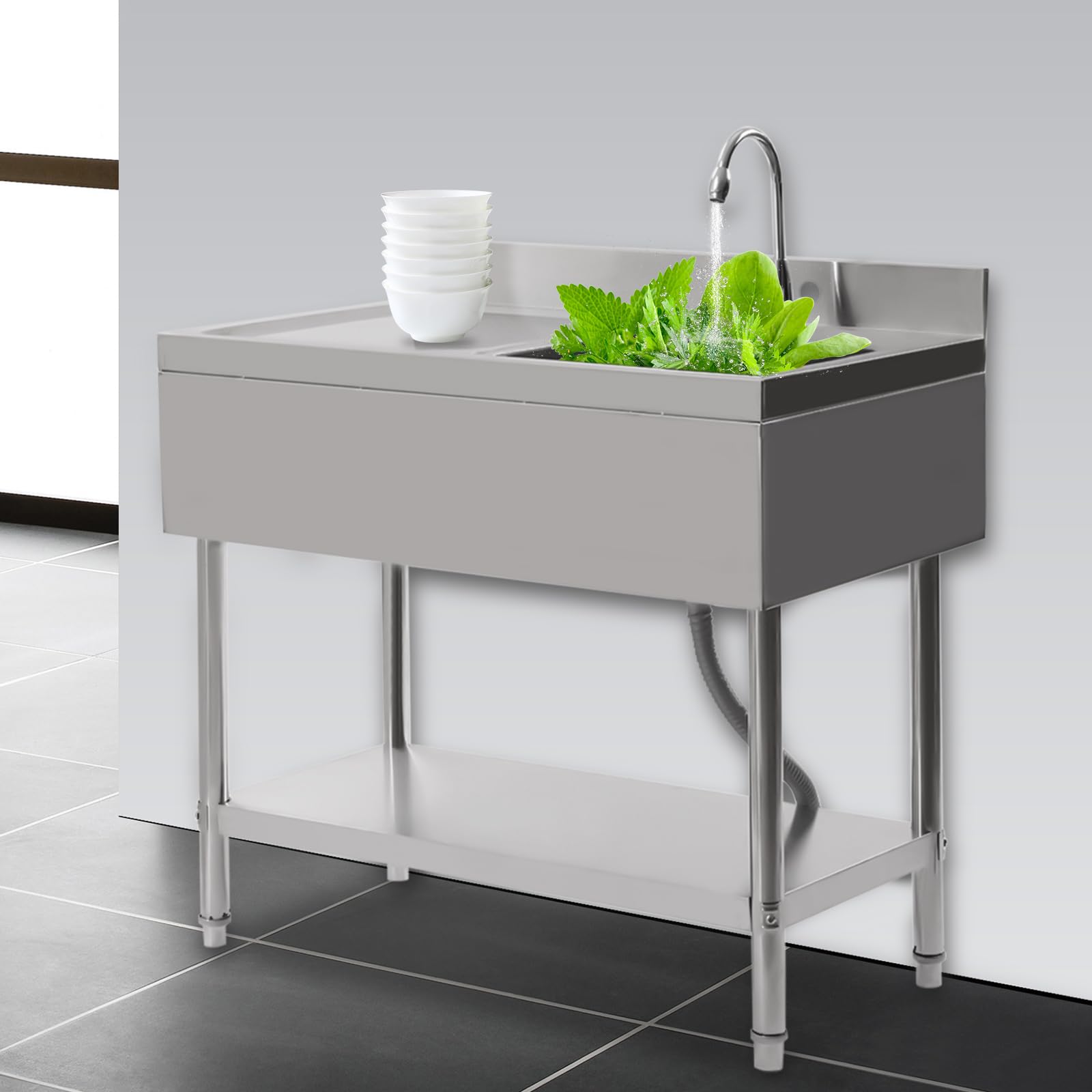 1 lavello professionale in acciaio inox, con cestello filtro e rubinetto, 100 x 60 x 80 cm, multifunzione a destra deluxe, per cucina, lavanderia, garage