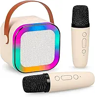 Caixa de Som Karaokê Com Dois Microfones Sem Fio RGB Portátil USB Com Conexão Bluetooth Efeitos de Voz Divertidos | Iluminação LED Multicolor Som Potente | Diversão Crianças Adultos Sem Fio Auto Tune