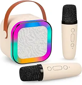 Caixa de Som Karaokê Com Dois Microfones Sem Fio RGB Portátil USB Com Conexão Bluetooth Efeitos de Voz Divertidos | Iluminação LED Multicolor Som Potente | Diversão Crianças Adultos Sem Fio Auto Tune