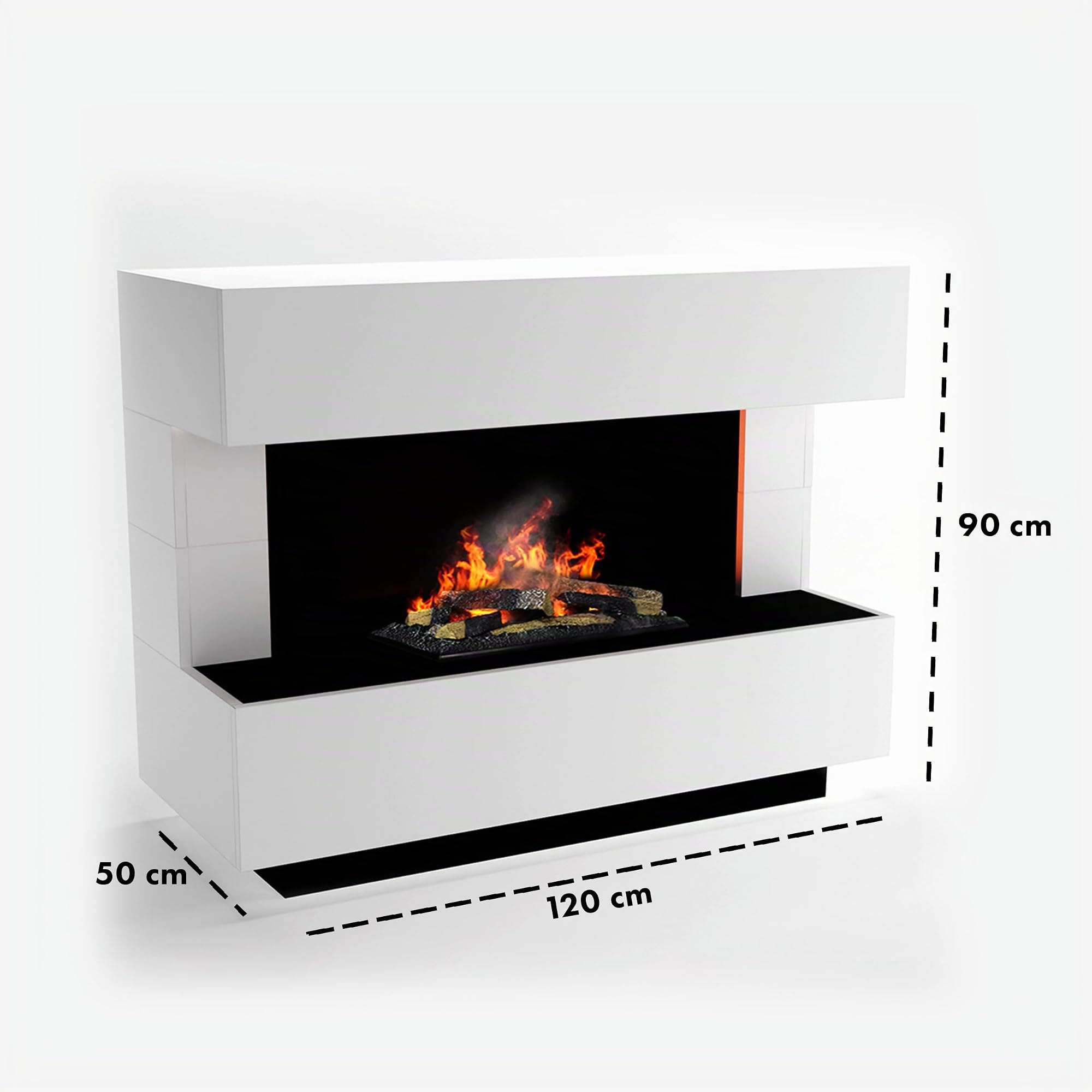GLOW FIRE Wasserdampf Kamin Kant (Standkamin) - Elektrokamin mit realistischen LED 3D-Flammen, Knistereffekt & Fernbedienung, 120x93x50 cm - Opti-Myst 600 Elektro Kamin mit Holz-Deko, Weiß