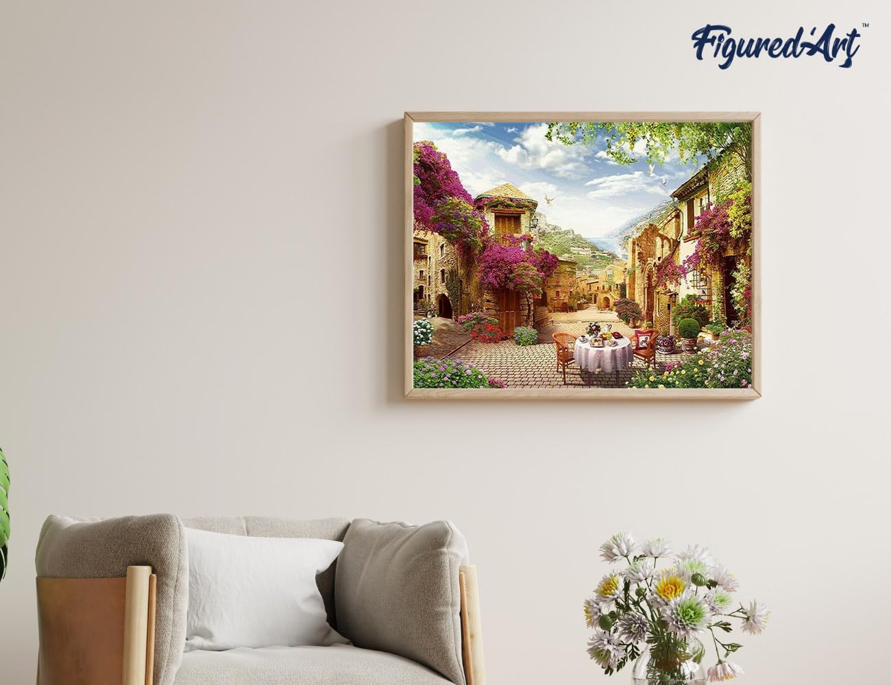 Figured'Art Paint by Numbers for Adults with Frame Breakfast in a Mediterranean Village 16"x20" - Craft Art Painting DIY Kit Canvas Already Stretched on a Wooden Frame