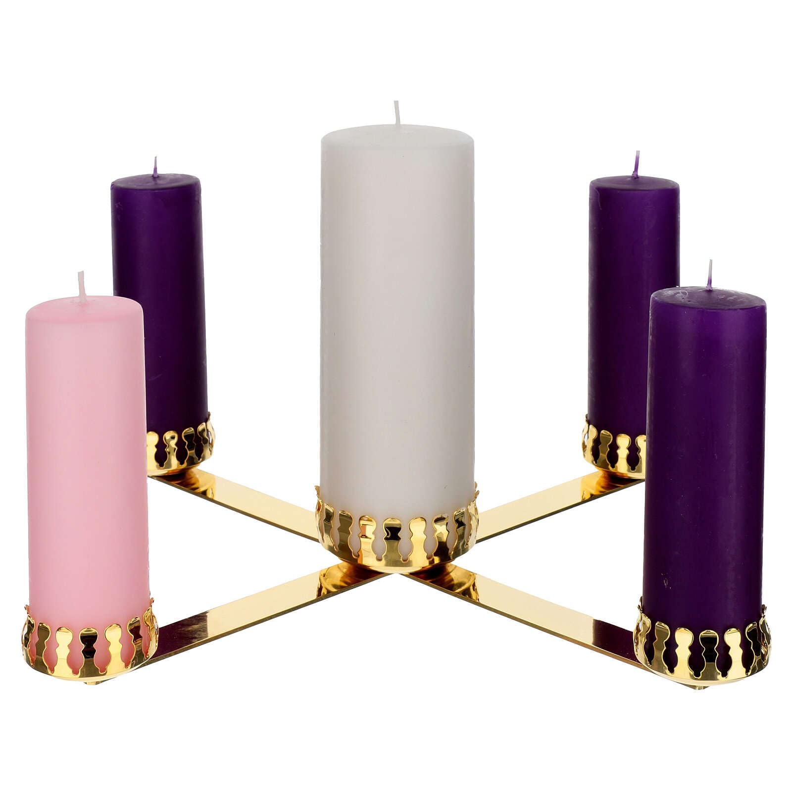 Holyart Avvento: Candeliere Avvento dorato 4 candele e cero centrale 45 cm