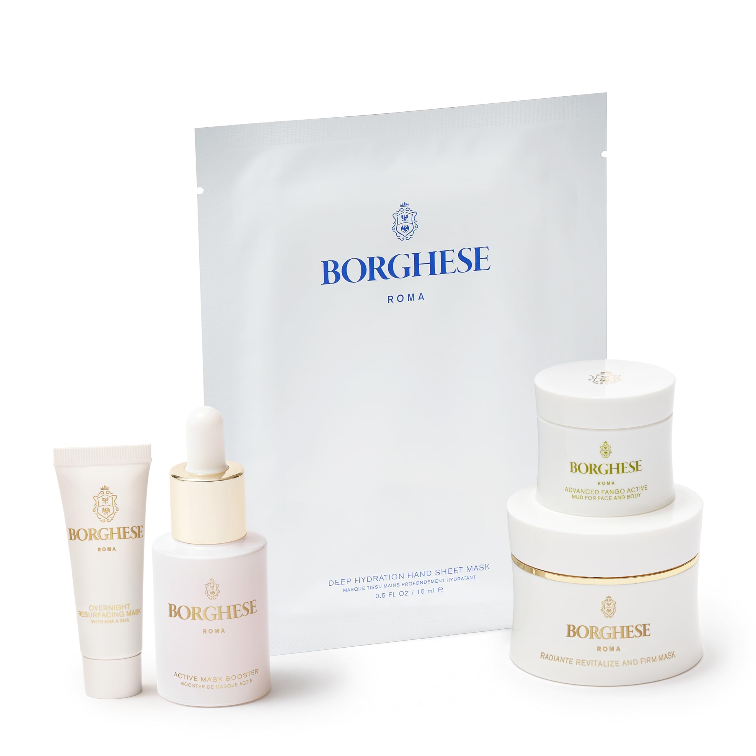 Borghese 5-Piece All You Need to Mask Gift Set - Includes Mask Booster Serum, Mud Mask, Firming Mask, AHA BHA Overnight Mask, & Hand Sheet Masks