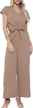 Gardenwed Womens Two Piece Outfit Set, Short Sleeve V Neck Crop Top with Tie Front and Wide Leg Pants