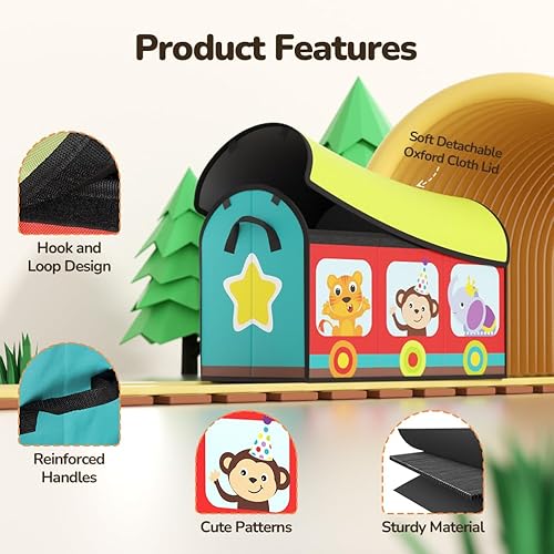 Miniatura 5 de YOHOOLYO Organizador de almacenamiento de juguetes para niños, caja de juguetes grande y resistente con tapa de tela y asas, bonito diseño de tren