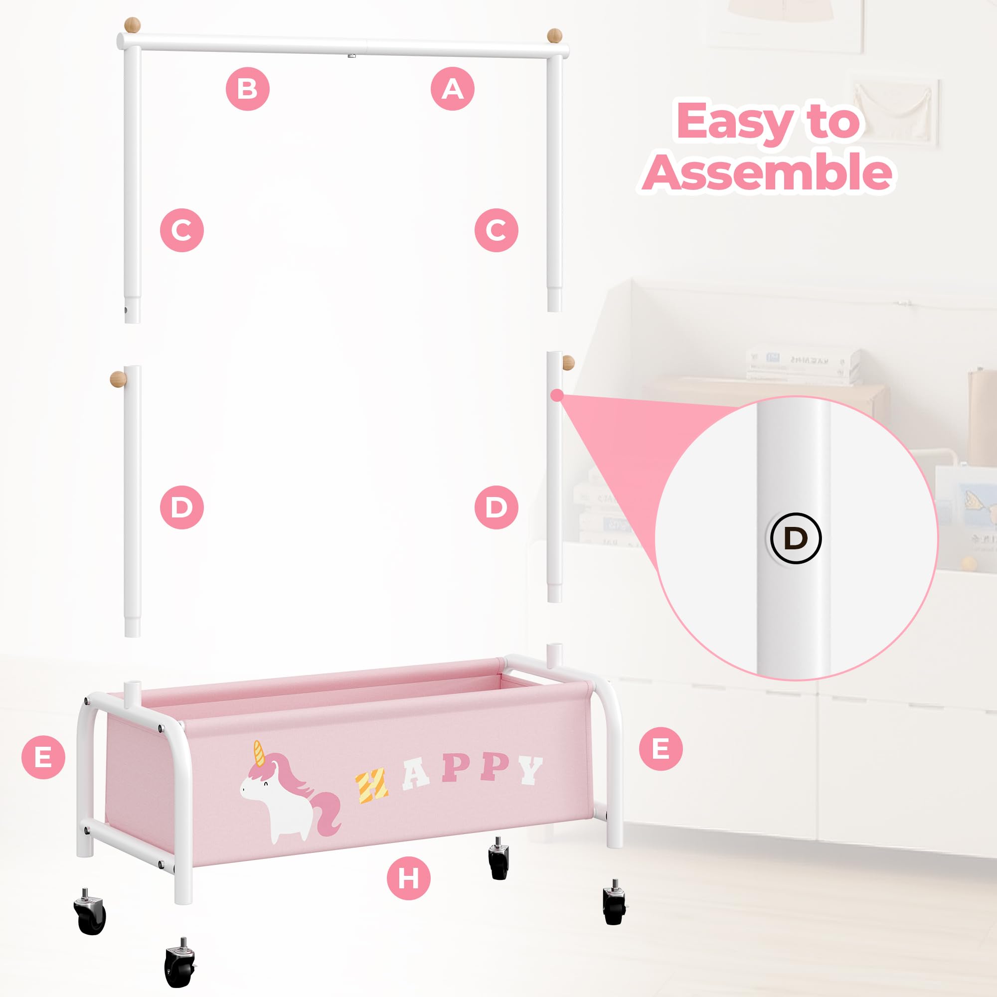 GRANNY SAYS Kleiderständer Kinder mit Aufbewahrungskiste, Kinder Kleiderstange auf Rollen, rosa Kindergarderobe stehend, robuste Jackenständer Kinderkleiderschrank für Baby- & Kleinkinderzimmer