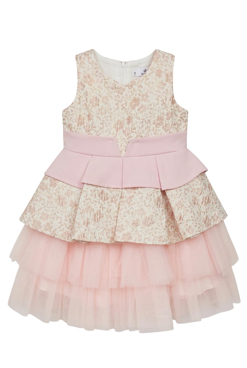 SIRRI Abito da Festa Rosa Jacquard per Bambina con Gonna in Tulle e Fiocco Removibile.