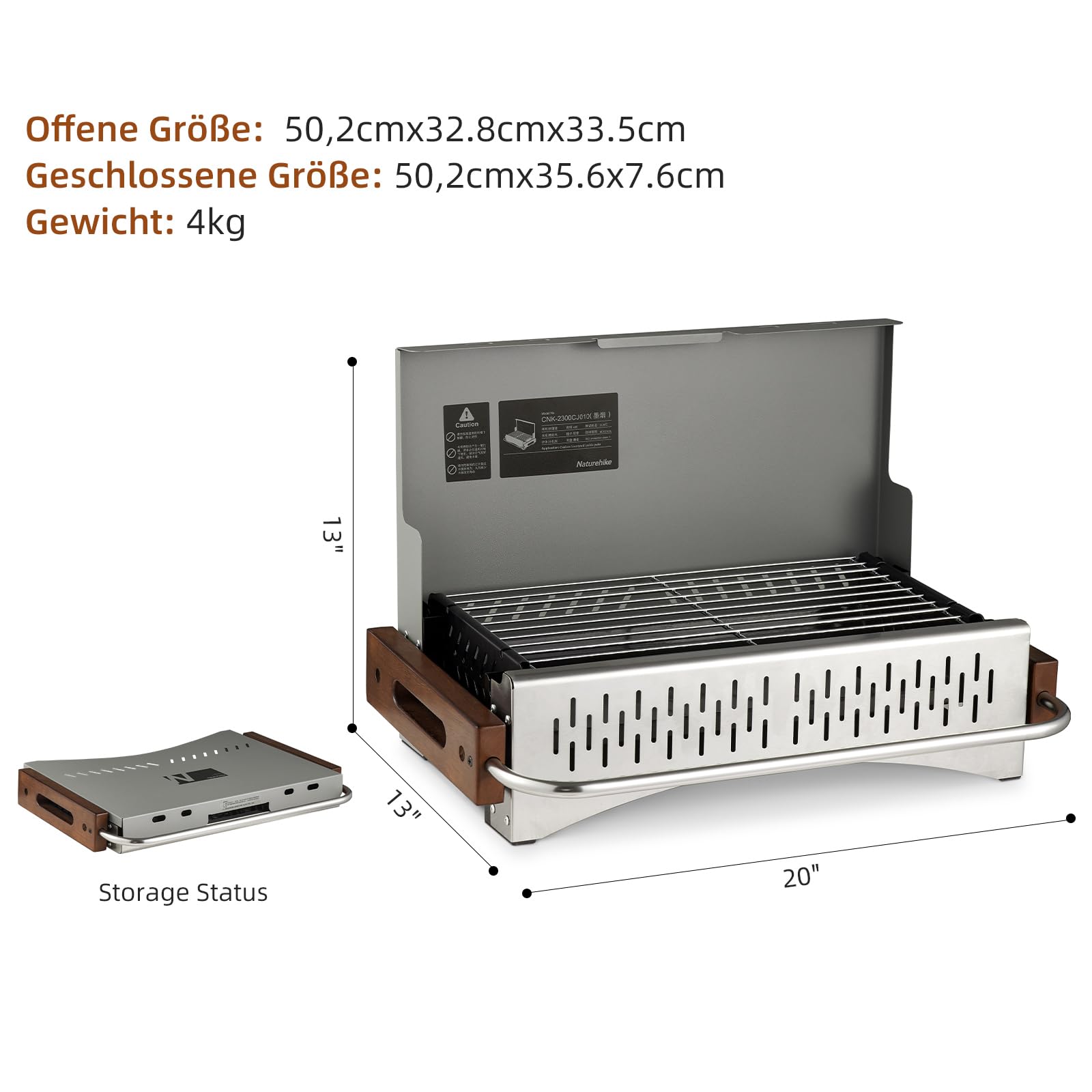 Naturehike Składany grill na węgiel drzewny, 50,2 x 32,8 x 33,5 cm, przenośny grill kempingowy, do użytku na zewnątrz, do ogrodu, szary