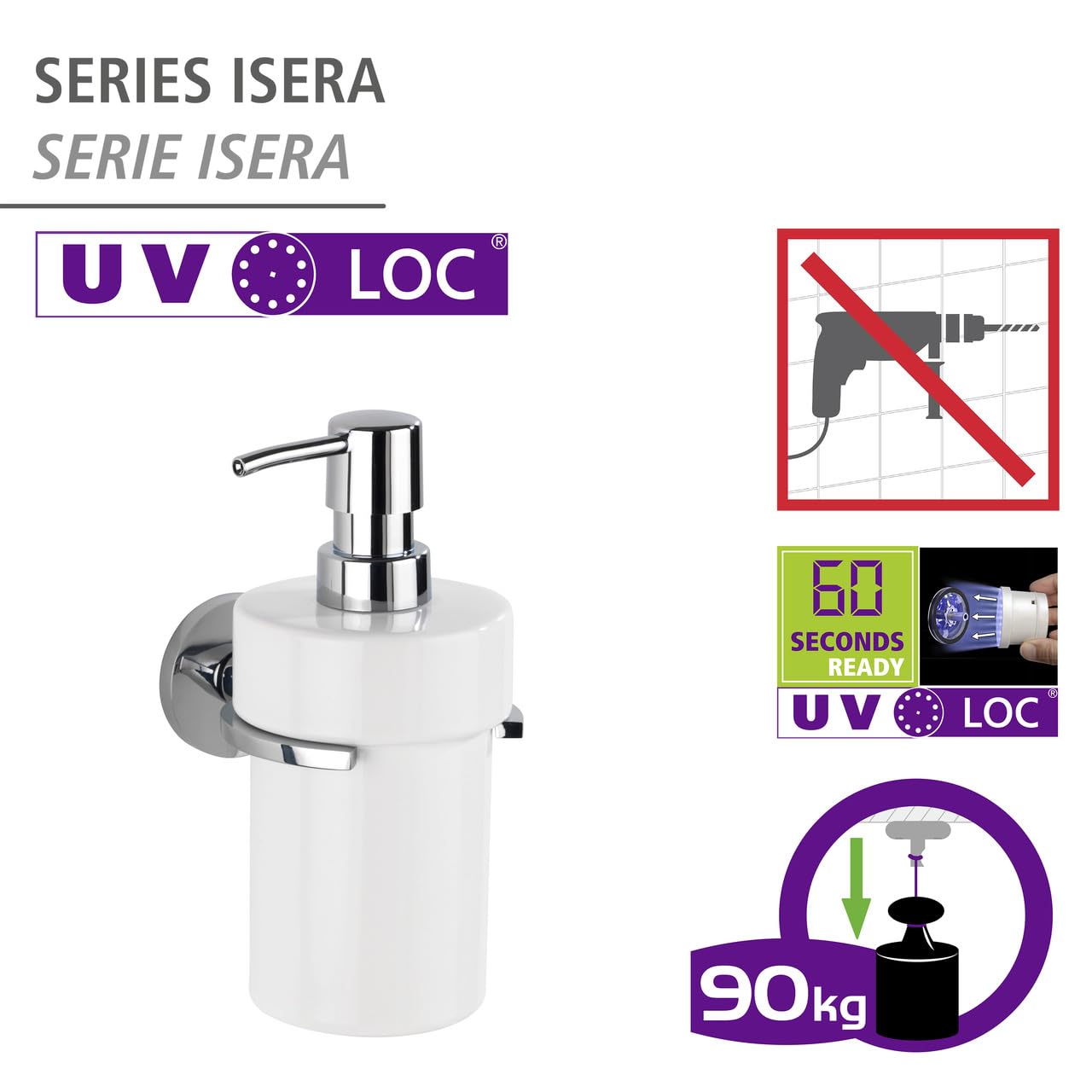 WENKO UV-oc - Dispenser di sapone Isera, ricaricabile, 360 ml, dispenser in ceramica per fissaggio senza foratura, con innovativo sistema adesivo, supporto in tubo quadrato e zinco pressofuso,