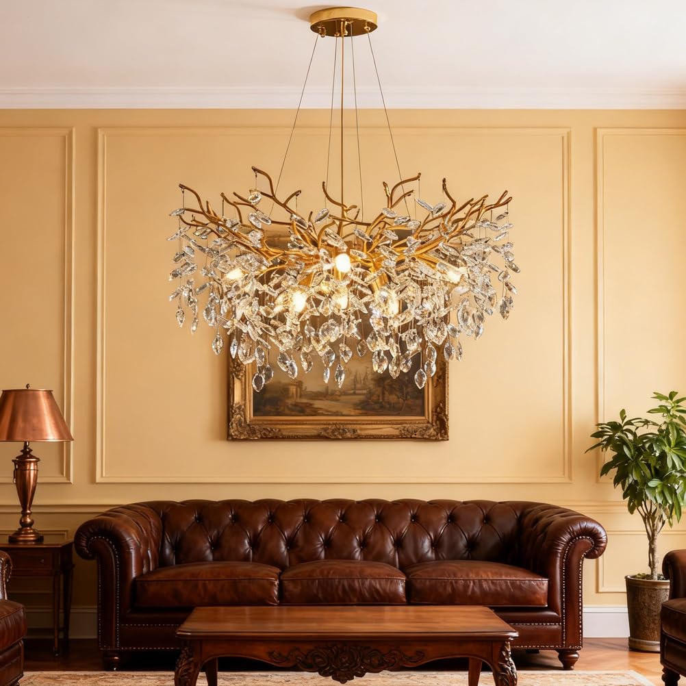 KXEcoLife Modern Crystal Chandelier for Living Room, Branch Light Fixture, Luxury Raindrop Tree Chandeliers Dining Bedroom, Entryway, Foyer, High Ceiling,D60cm