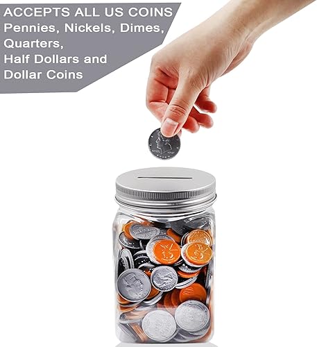 Miniatura 3 de Paquete de 4 tarros pequeños para monedas, 16 onzas, de plástico transparente, con tapas ranuradas plateadas, pequeños tarros de plástico