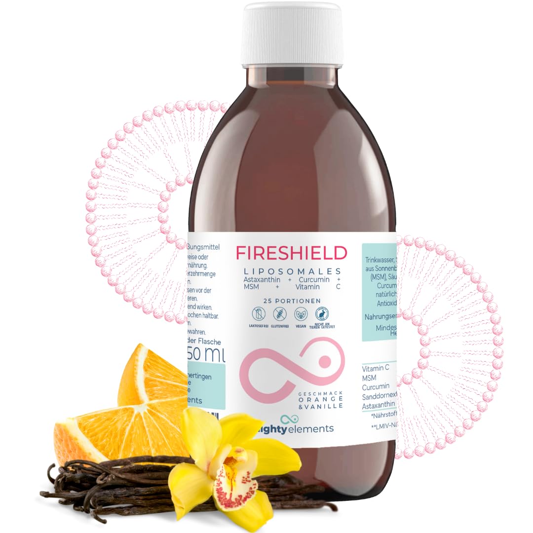 Mighty Elements Liposomales Fireshield 4 in 1, Astaxanthin 8 mg, Curcumin 100 mg, MSM 500 mg, Vitamin C, Orange- / Vanille Geschmack, Vegan, Glutenfrei, hohe Bioverfügbarkeit, Flüssig, 250ml