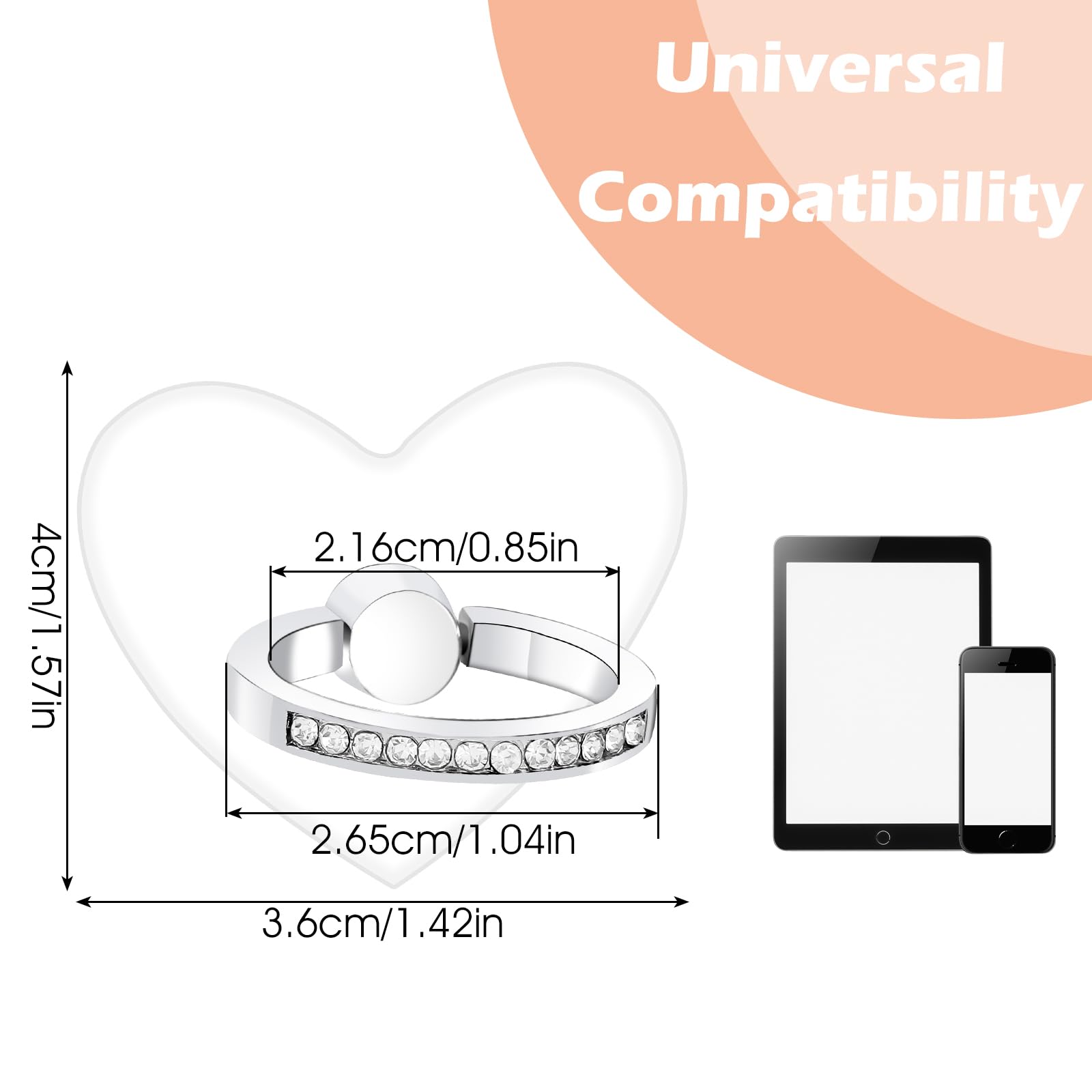 4 Supporti Anello Portatablet Con Diamanti - 2 Tondi E 2 Cuore, Rotazione 360°, Adesivo Ultra Forte, In Oro Rosa E Trasparente - Per Smartphone E Custodie
