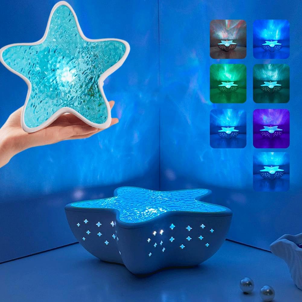 Yelschwa Starfish Ocean Projection Lamp,Romantic Water Ripple Night Light,7 Colors Sea Star Lamp,Ocean Wave Projector Light,3D Holographic Water Ripple Romantic Ambient Lighting for Room Decor