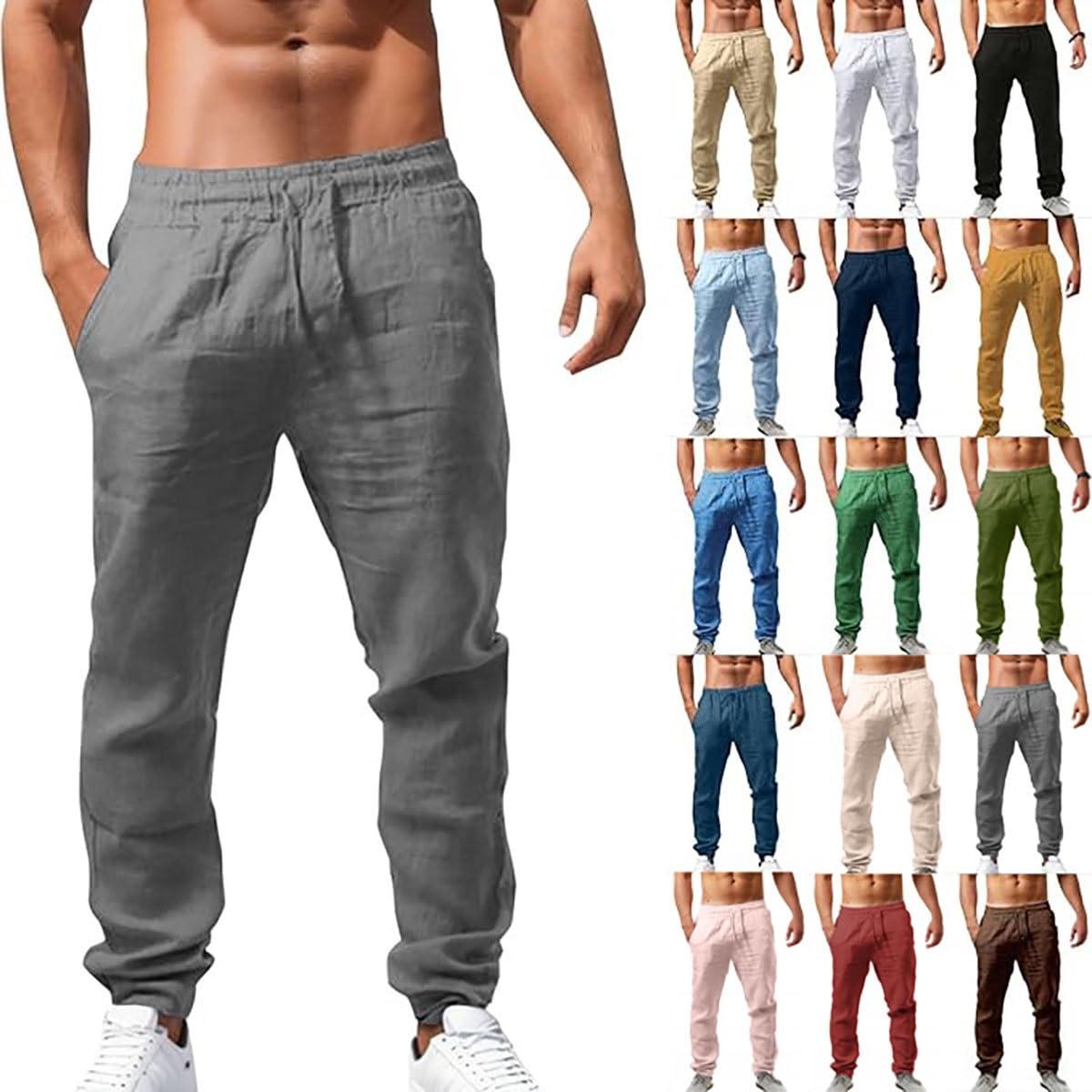 Pantalon en lin homme slim gris S décontracté léger