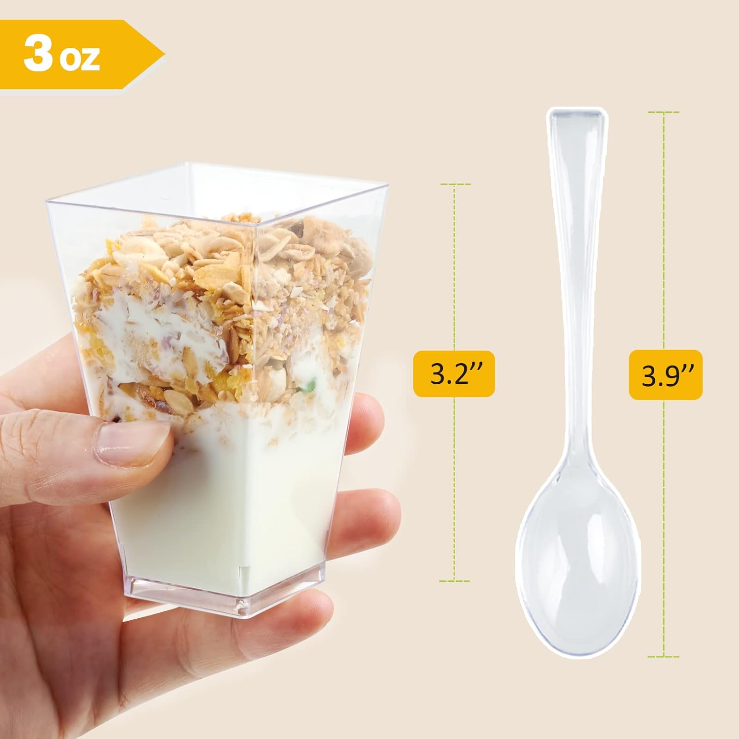 JOLLY CHEF 100 x 3 oz Square Mini Dessert Cups with Spoons, Clear Plastic Parfait Appetizer Cup - Small Plastic Dessert Cups Reusable Serving Bowl for Tasting Party Desserts Appetizers