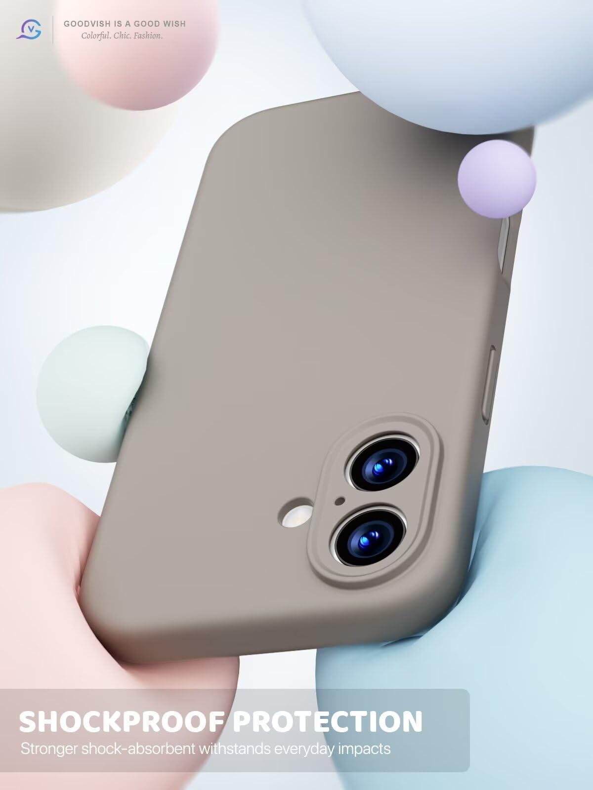 GOODVISH 3 in 1 Silicone Cover per iPhone 16 6.1", Custodia con 2 Pellicola Vetro Temperato [Protezione Fotocamera] 360° Protezione Anticaduta Case per Cellulare Antiurto Resistente, Grigio