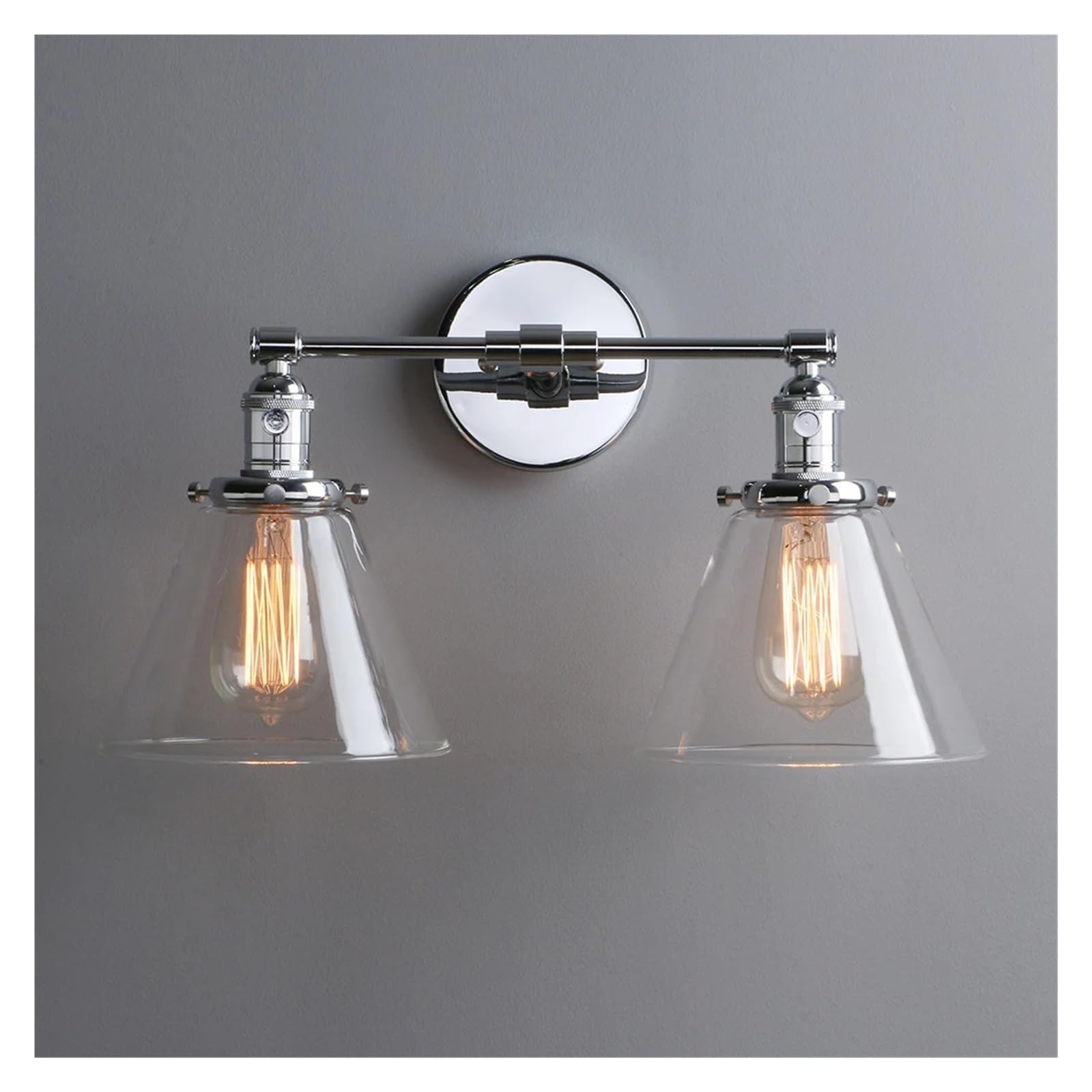 CWCQGH Wall Sconces, Double Sconce Light Industrial Wall Light with Dual 7.3 Inch Cone Clear-Glass Lampshade,D