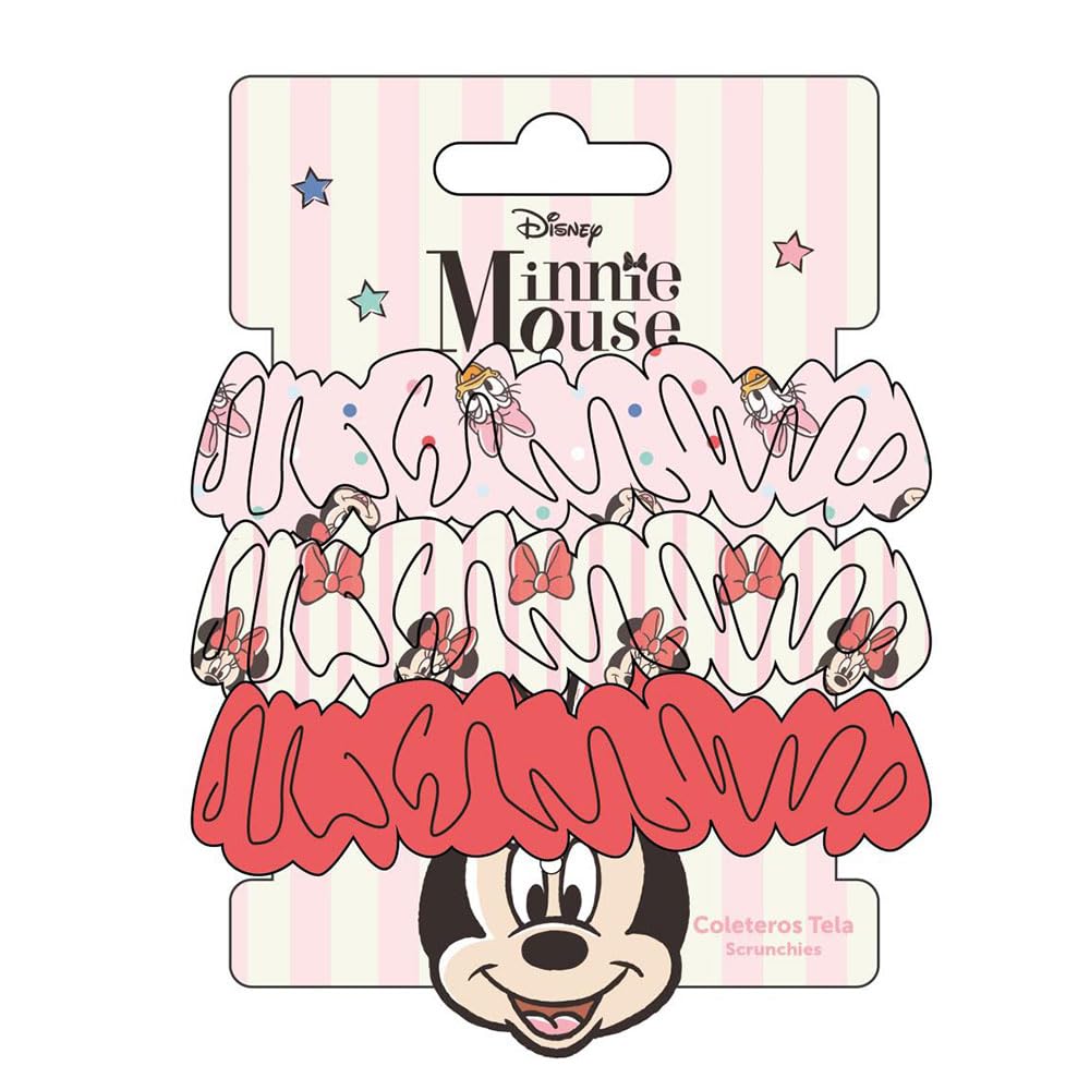 Disney Minnie Mouse Hair Scrunchies for Girls and Women, Non-Slip and Soft Ponytail Holder - 3 Scrunchies Set (2 Printed, 1 Solid Colour)