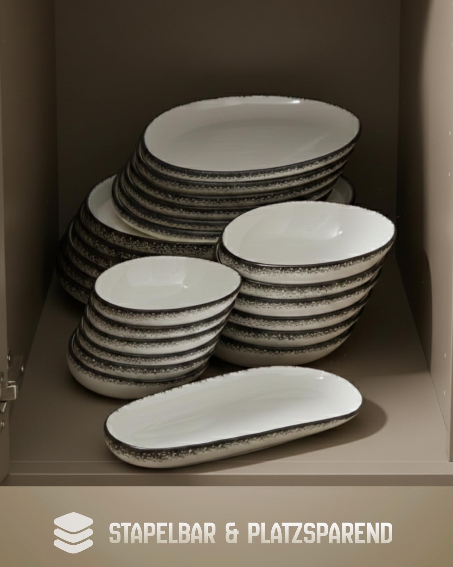 BRICARD Royan Porzellan-Geschirrset 25-teilig Weiß/Braun mit gesprenkeltem Rand – Tafelservice für 6 Personen – Teller & Schalen Set, stapelbar – mikrowellen-, backofen- & spülmaschinengeeignet