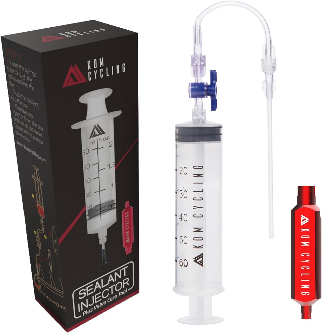 KOM Cycling Tubeless Sealant Injector Syringe with Presta Valve Core Remover - Stans NoTubes Compatible, Mess-Free Setup