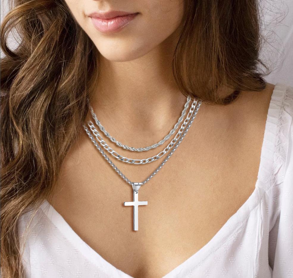 3Pcs Set Cross Necklace for Men, Mens Cross Necklace Cross Chain Layered Stainless Steel Rope Figaro Chains for Women Boys Gold Silver Black (20inch/22inch)3