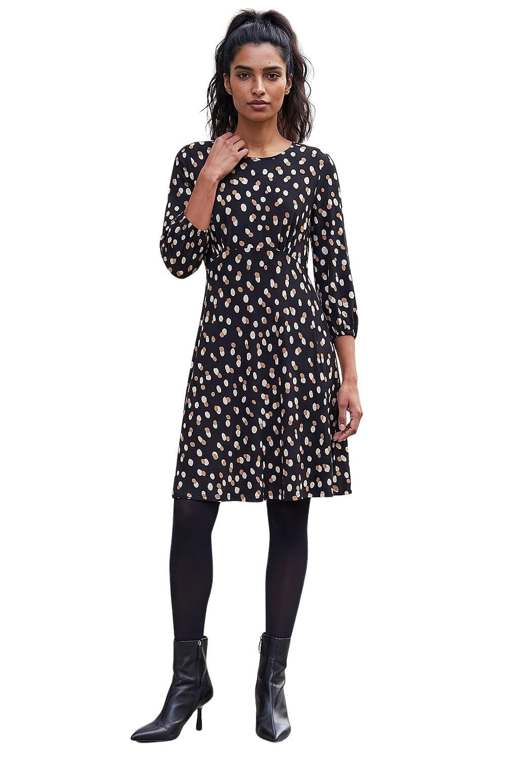 Roman Women Gathered Chest Dress Ladies Stretchy Fit & Flare Swing Tea A Line Skater Knee Length Long Sleeve Midi Smart Casual Work Going Out Cocktail Party - Beige Noir - Size 12
