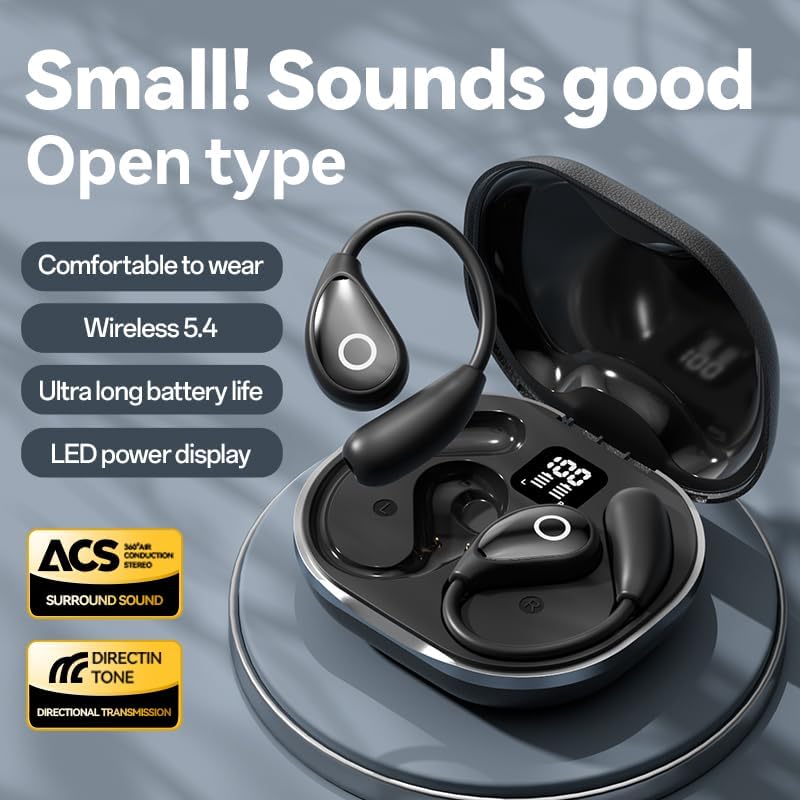 QJF Open Ear Wireless Bluetooth Headphones, Pain-Free Air Conduction Ear Buds with LED Digital Display Charging Case, Sweat Resistant for Running, Safe Driving, and Extended Daily Use
