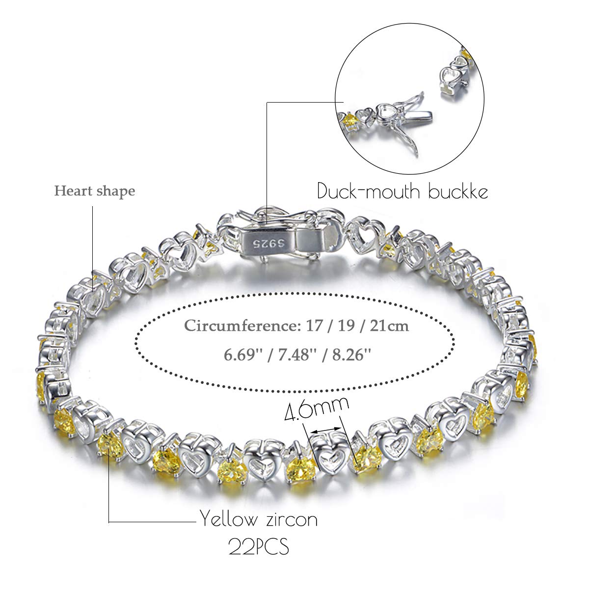Bracciale da donna in argento S925, con zirconi gialli, bracciale con cristalli, per donne e ragazze