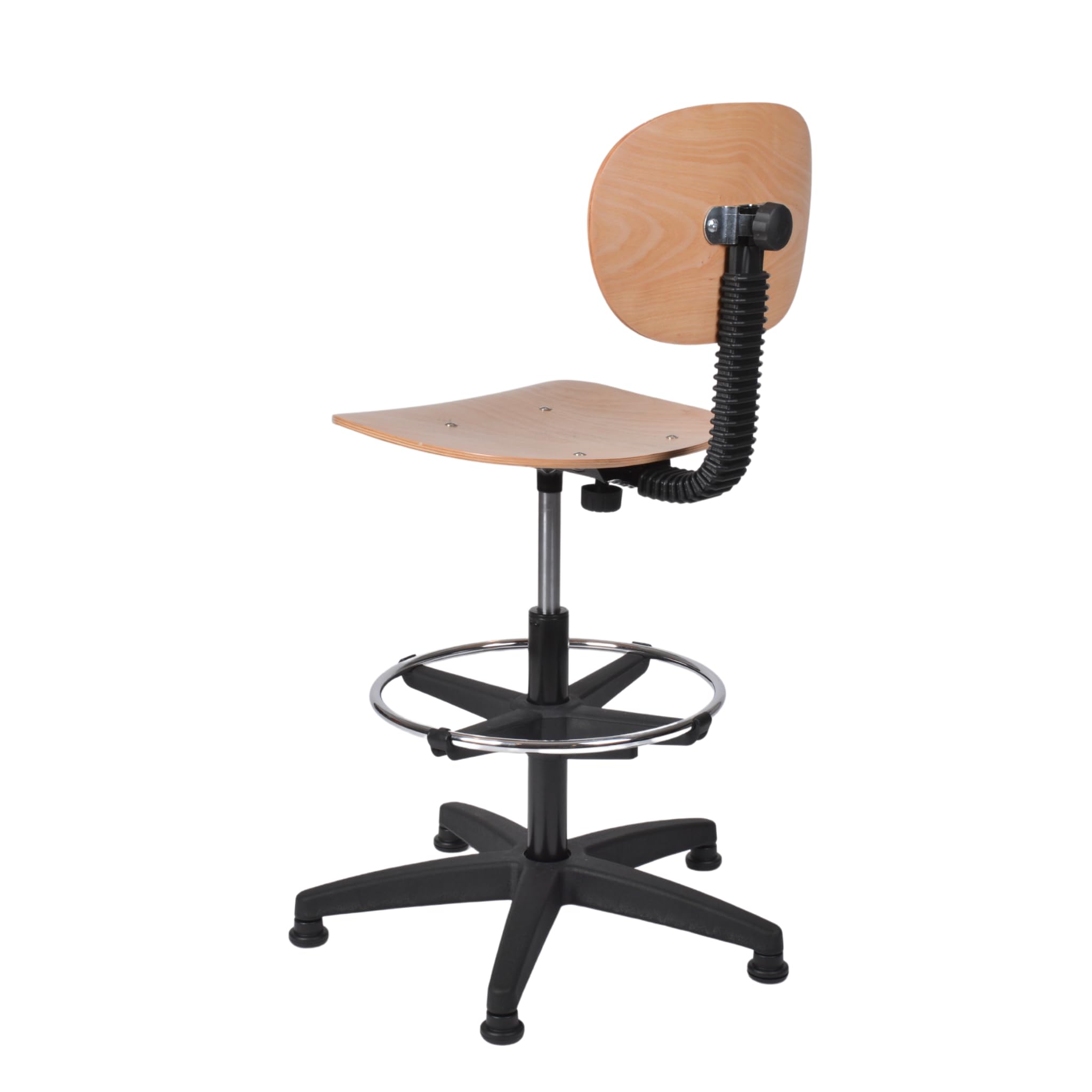 Topsit Sedia da lavoro IND114 in legno di faggio laccato chiaro, sedia da laboratorio, regolazione continua dell'altezza del sedile con Toplift, anello per piedi cromato, croce in plastica con piedini