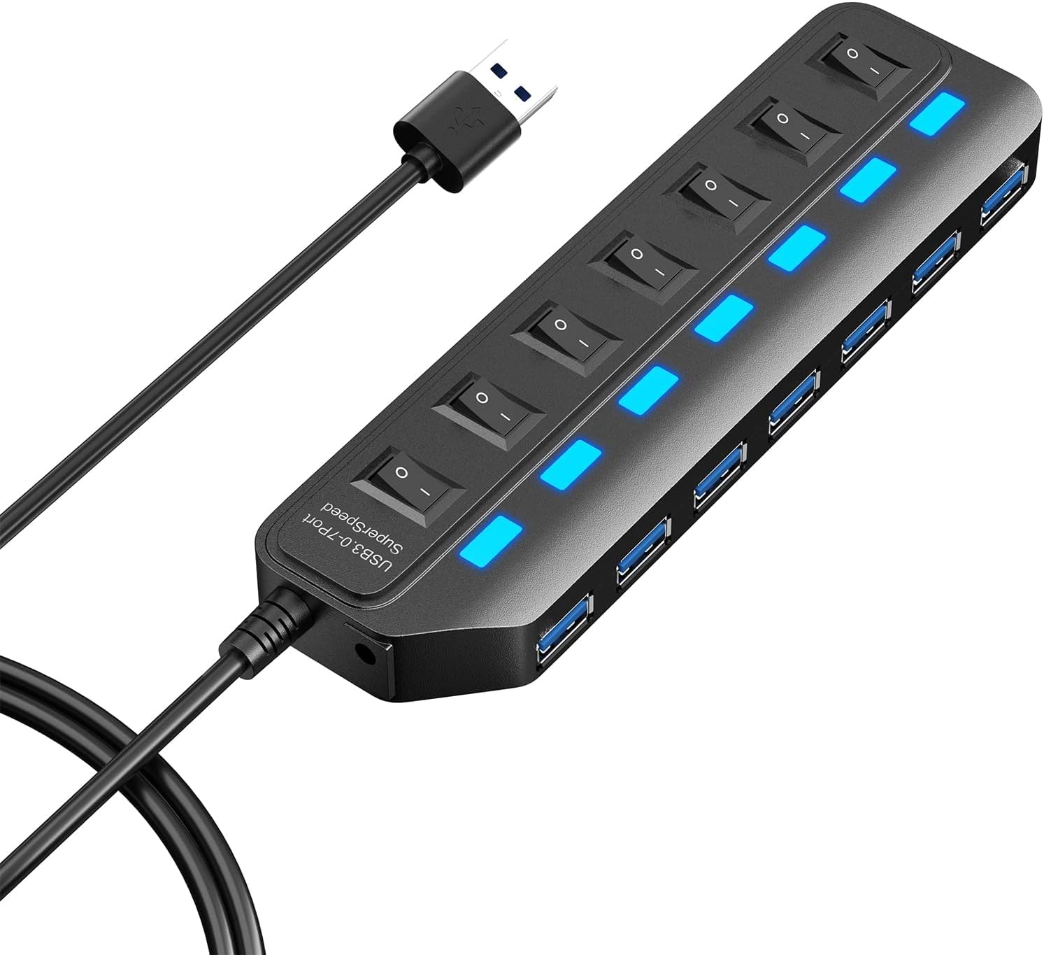 CENXI USB Hub 3.0, 7 Port USB Hub Splitter with Individual On/Off LED Switches, 5Gbps HighSpeed Data USB Extension for Laptop, iMac, USB Flash Drives, Mobile HDD, Printer, Camera and More