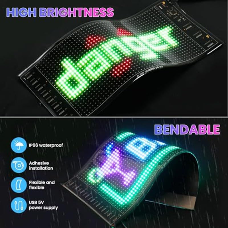 Panneau LED à défilement, panneau couleur RVB flexible, affichage LED programmable, motif de texte personnalisé, pour voiture, bar, fête, festival (20 x 64 (102 x 348 mm)