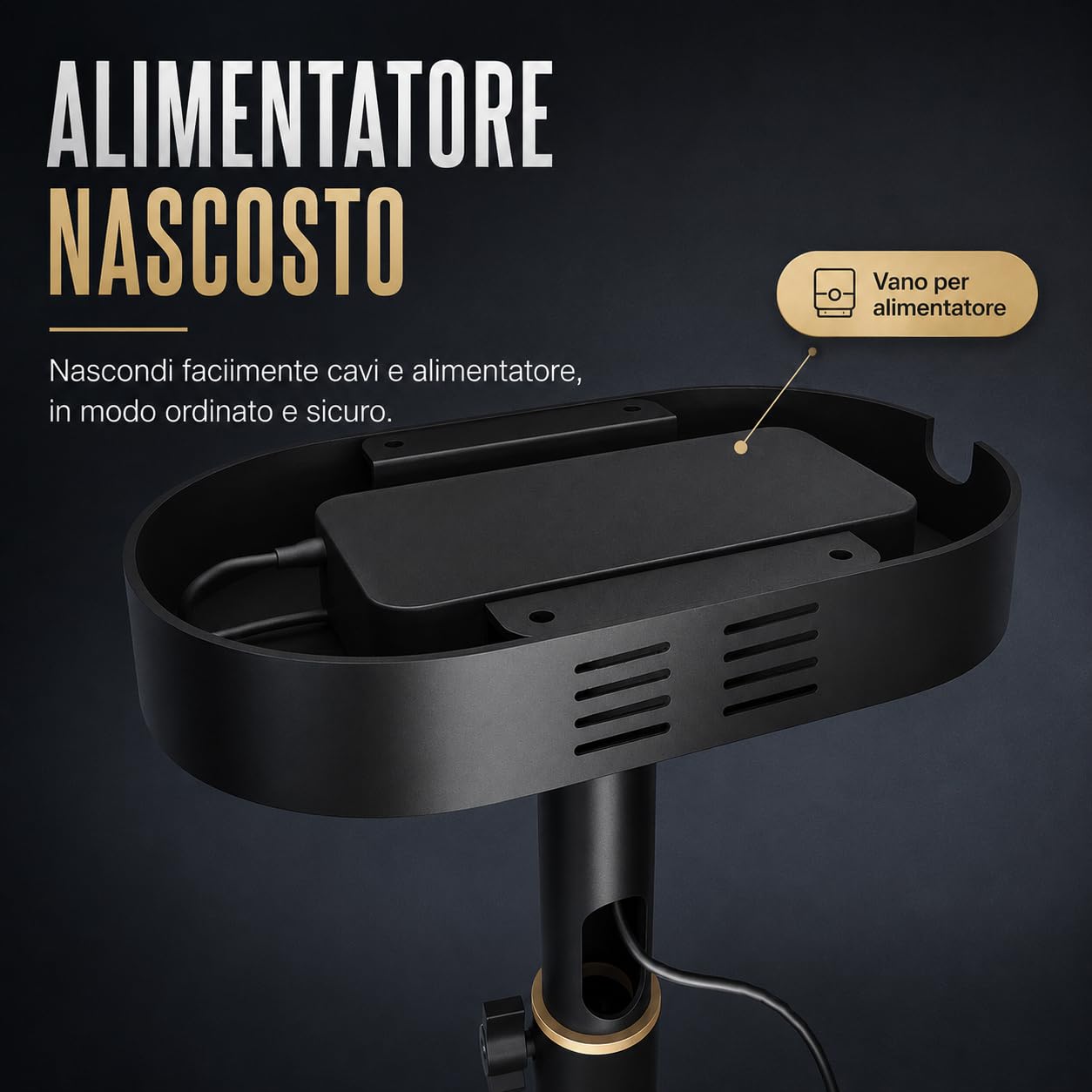 Staffa a Soffitto per Proiettore – Vano Alimentatore Integrato, Portata 10 kg, Lunghezza Regolabile 18-48 cm, Snodo Semisferico 360°, Cavo Nascosto