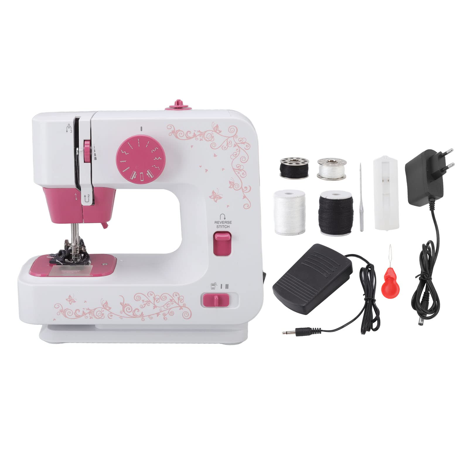 Mini Máquina de Coser Eléctrica, 2 Métodos de Control, Portátil con Pedal, con Batería o Fuente de Alimentación Enchufable para Viajes Domésticos (Enchufe europeo 110-220V)
