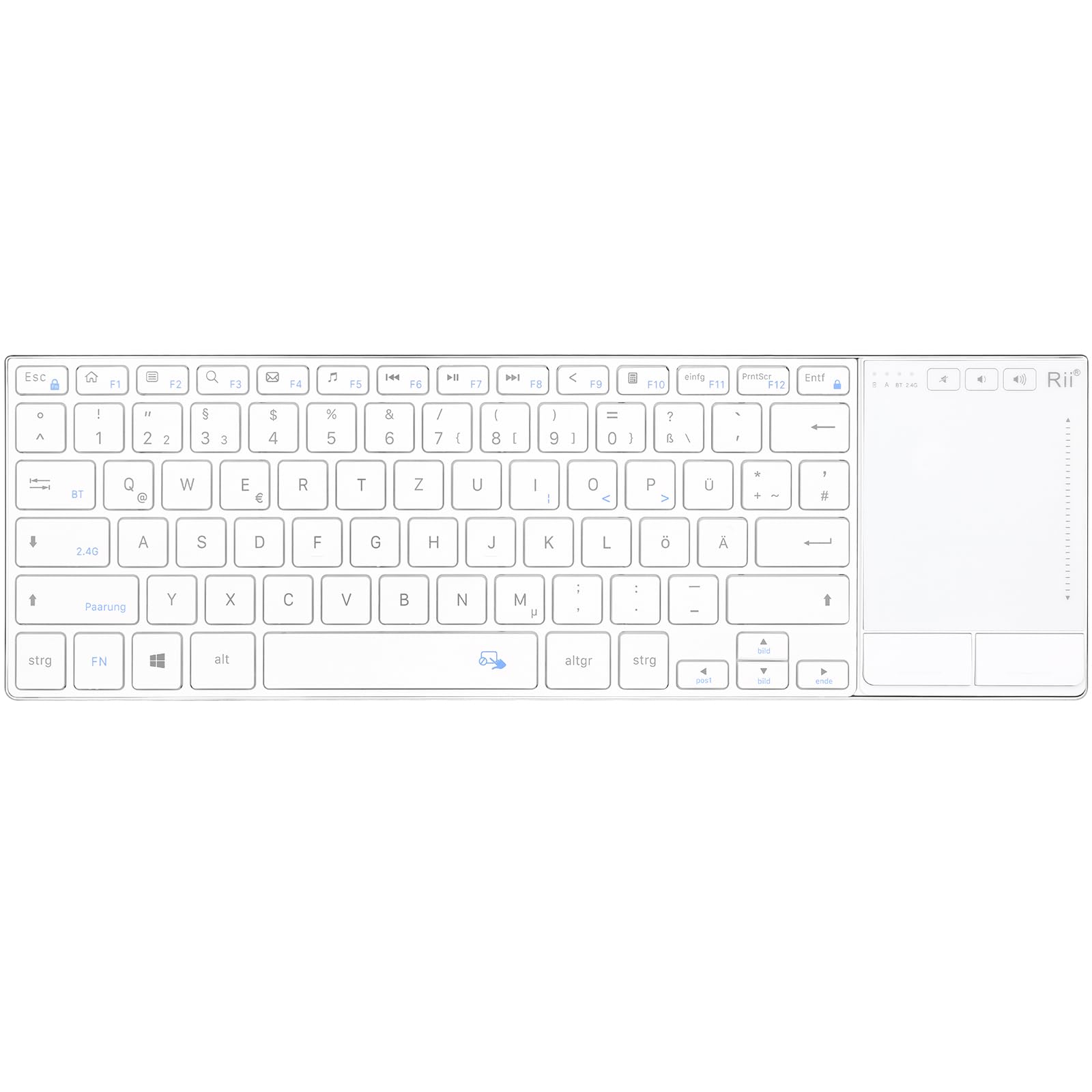 Rii Kabellose Tastatur mit Touchpad, Zwei Verbindungsmodi, Wireless Keyboard, Tastatur Kabellos Klein für Laptops/Smart-TVs, QWERTZ, Wiederaufladbarkeit (2,4GHz+Bluetooth)