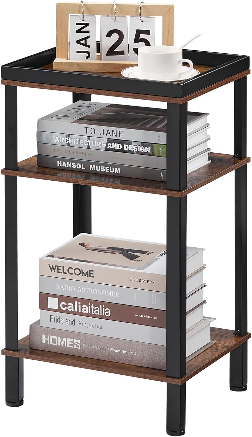 YEAKOO Side Table for Small Spaces,3 Tier End Table with Metal Tabletop Tray Storage Shelf, Small Narrow Thin End Table Bedside Table,Nightstand for Hallway,Living Room, Bedroom, Office,Rustic Brown