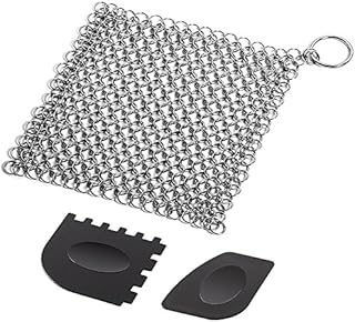 SENHAI Cast Iron Cleaner with Durable Plastic Pan Grill Scrapers, 7 x7 inch Stainless Steel Scrubber for Skillets, Griddles, Pans or Woks and More
