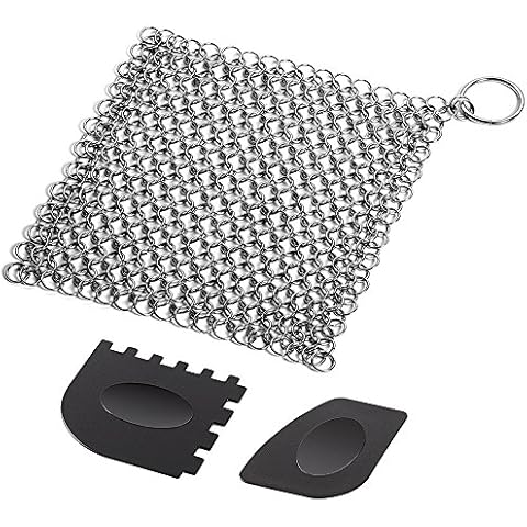 SENHAI Cast Iron Cleaner with Durable Plastic Pan Grill Scrapers, 7 x7 inch Stainless Steel Scrubber for Skillets, Griddles, Pans or Woks and More Cover