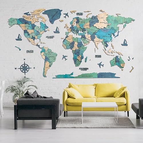 Mapa del mundo de madera 3D, mapa de pared de madera, regalo de inauguración de la casa, mapa del mundo, decoración artística de pared, mapa de