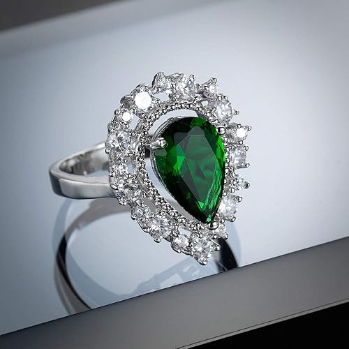 Miniatura 2 de Anillo de cóctel de circonita cúbica de corte esmeralda verde en forma de pera para mujer, anillo de boda nupcial con halo de diamante de imitación