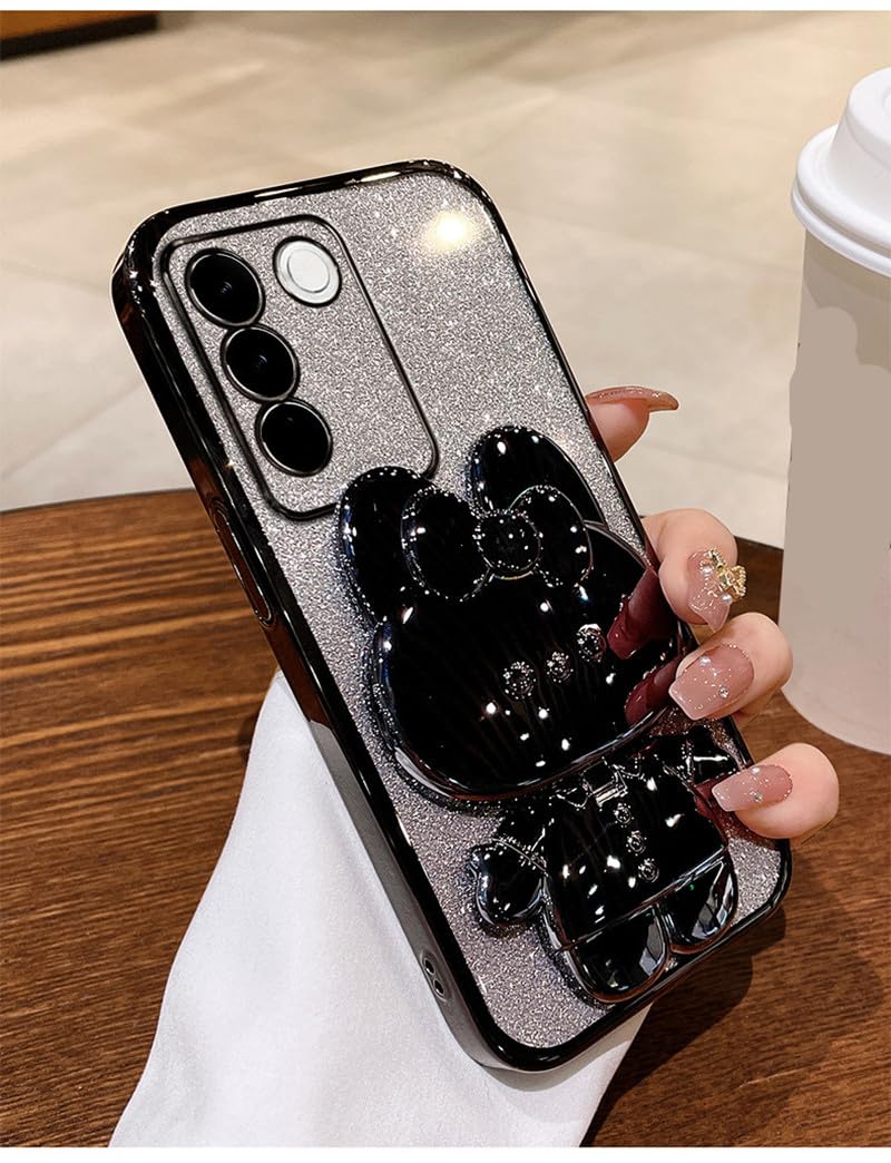 for Samsung Galaxy A14 5G Case for Women Cute Hidden Rabbit Bunny Mirror Stand,Plating Girly Glitter Gradient Layer Crystal Clear Soft Silicone Shockproof Phone Case for Samsung A14 Black