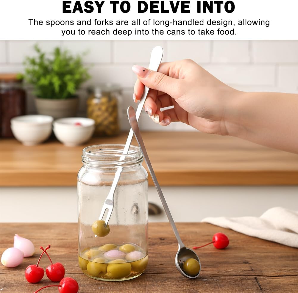 4 Pack Olive Spoon and Pickle Fork Set, Long Handle Olive Spoon with Holes