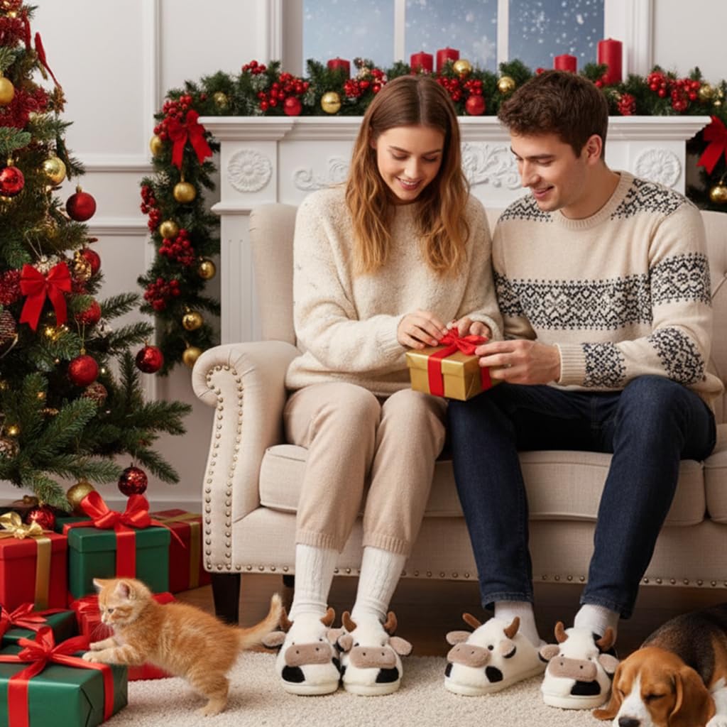Chaussons Femme Homme Pantoufles de Vache Hiver Chaude Peluche Fourrure Confortable Cartoon Animaux Chaussures Doublure Antidérapantes Intérieur/extérieur