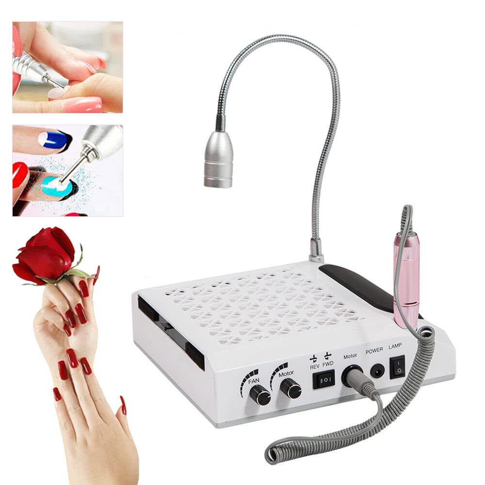Kit d'extraction de poussière - Ponceuse à ongles électrique - Avec aspiration - Aspirateur à ongles professionnel - Avec filtre et lampe - Pour salon de manucure - Table avec 6 embouts - Lampe LED -