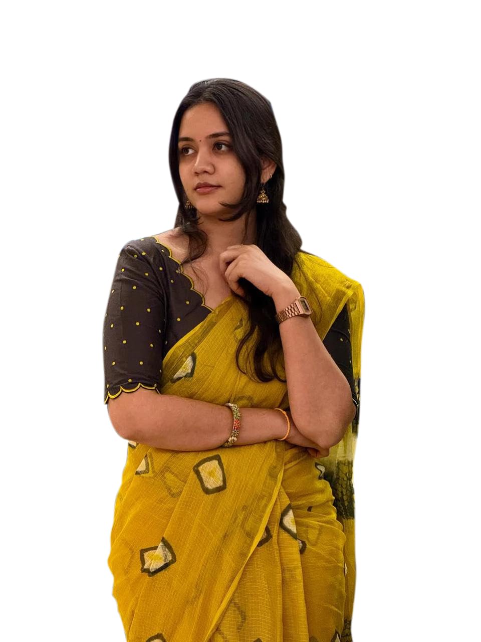 fixal fashion Yellow Saree with Black Blouse, Traditional Indian Wear, Geometric Print Design-picture-29