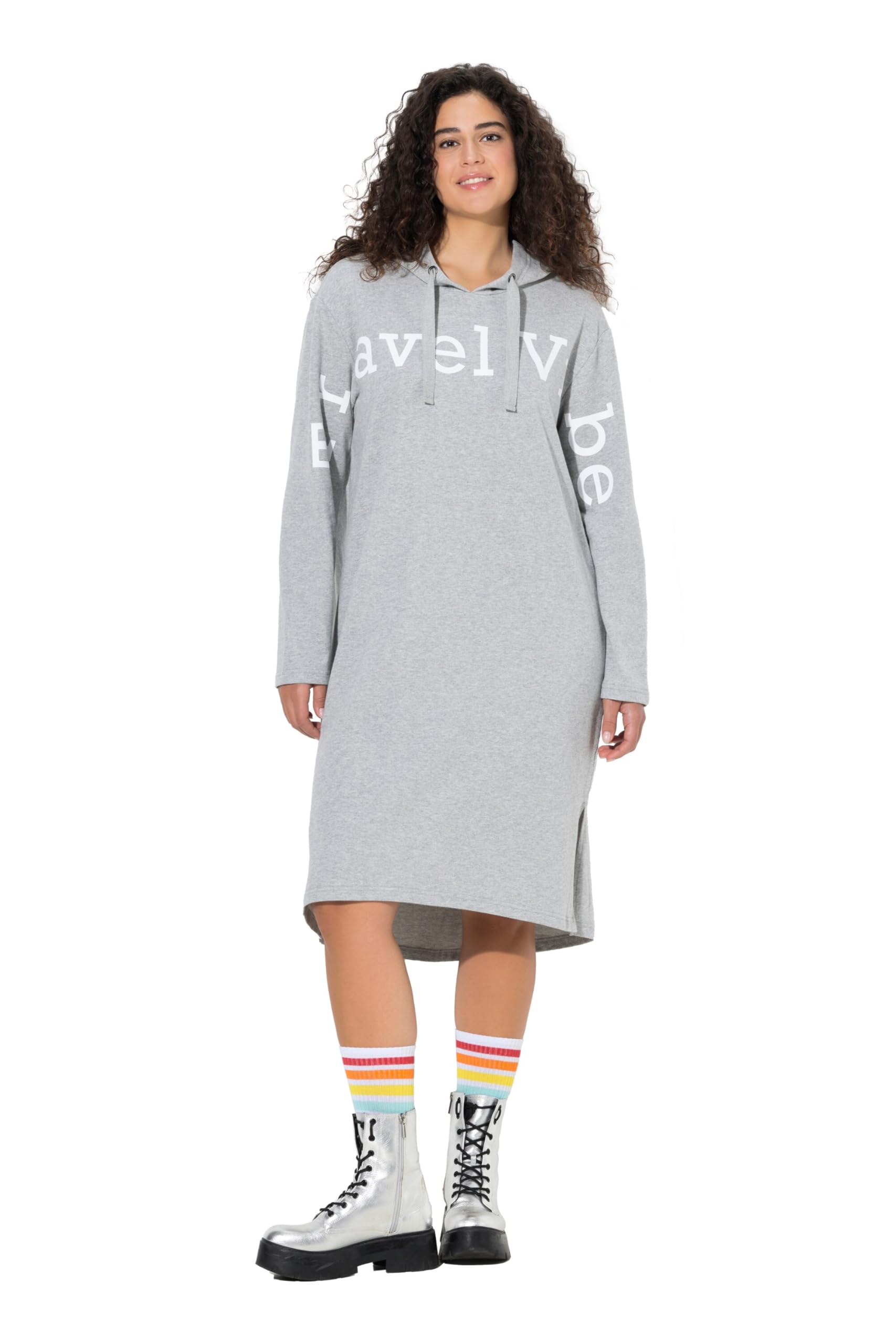 Ulla Popken Damen große Größen Übergrößen Plus Size Sweat-Midikleid, Schriftzug, Kapuze, Langarm 846886