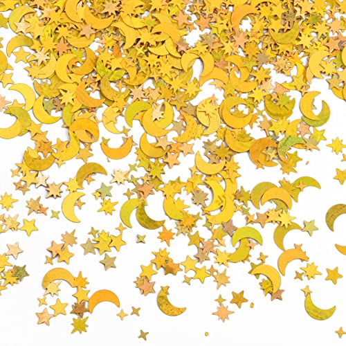 Tibapla 4000Pcs Star and Moon Confetti, 30g Table Confetti, 4-10mm Iridescent Metallic Glitter Foil Confetti, Twinkle Little Stars Moon Sequin for Birthday Party Wedding Festival DIY Crafts (Gold)