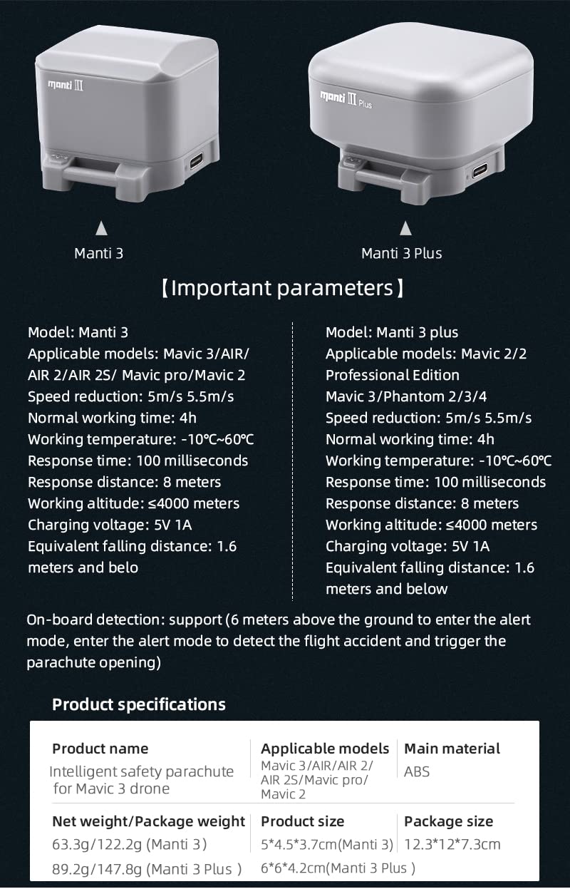 Flycoo - Paracaídas inteligentes para DJI Mavic 3/2/Pro/Phantom 2/3/4 Parachute para dron Sistema de rescate automático de Flight Safety Parachute Smart Parachute Deceleration System (Manti 3 Plus)
